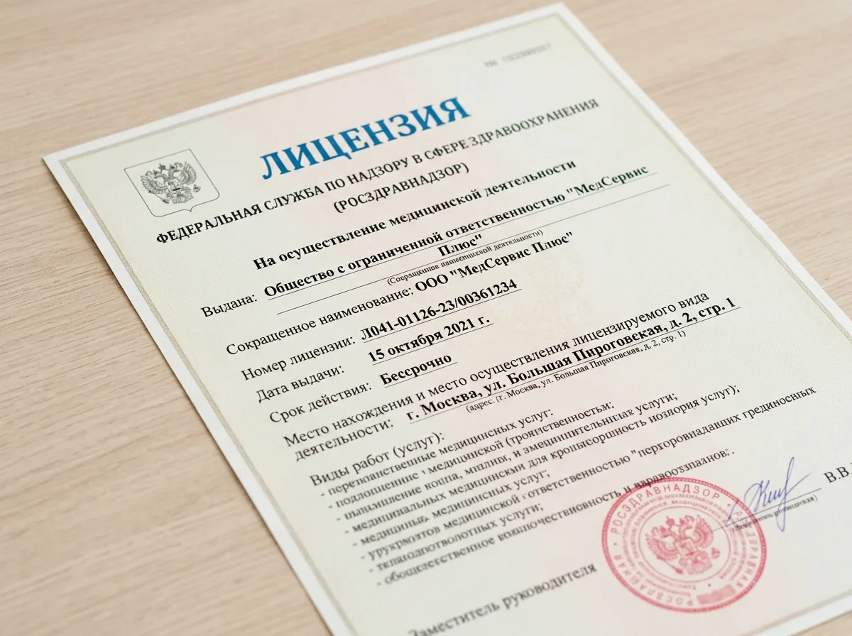 Медицинская лицензия Росздравнадзора ООО МедСервис Плюс, официальный документ крупным планом на светлом фоне