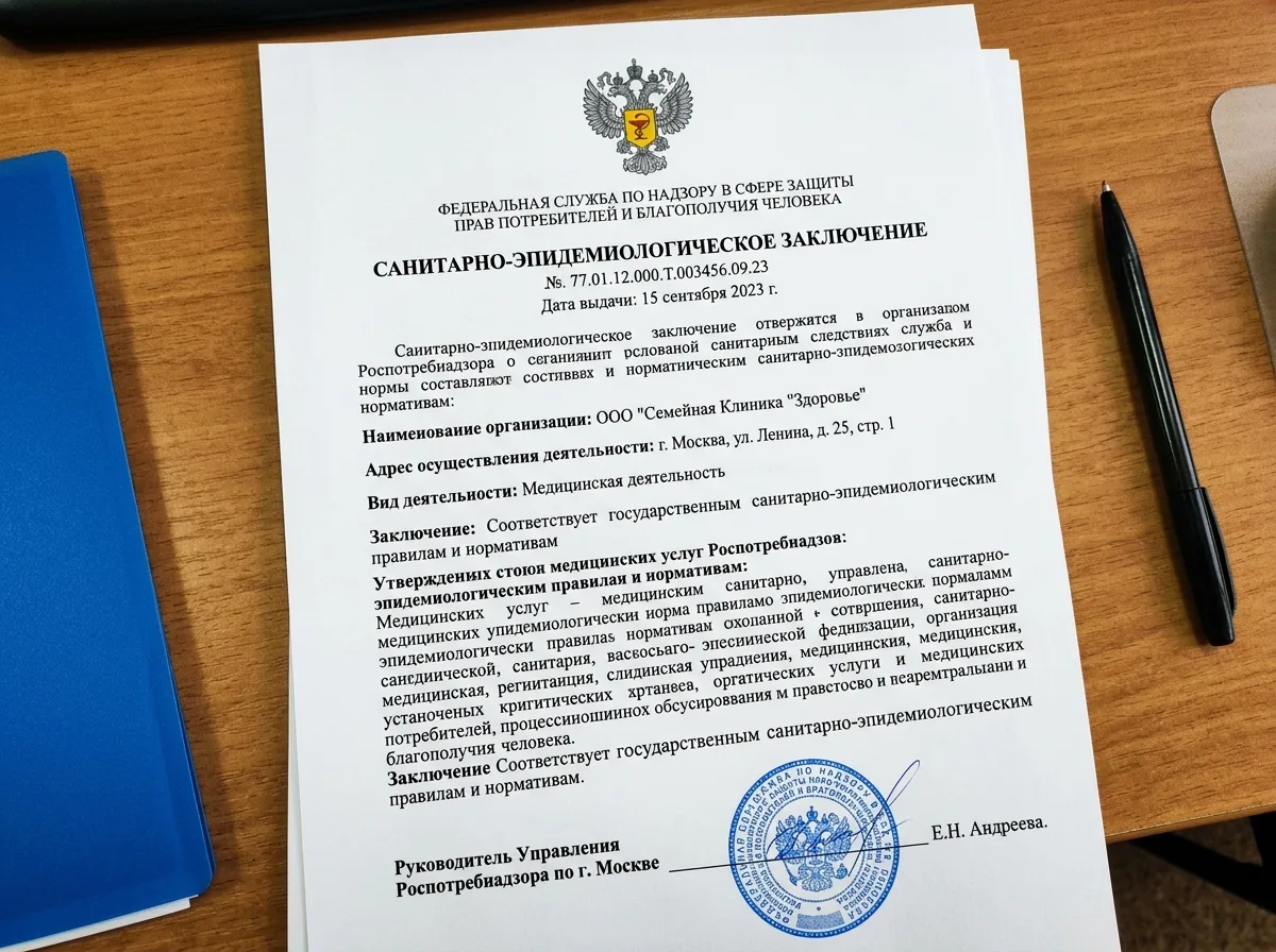 Санитарно-эпидемиологическое заключение Роспотребнадзора на медицинскую деятельность клиники, официальный документ